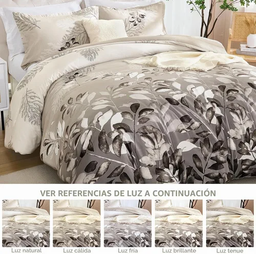 Vista 6 de DJY Juego de edredón beige tamaño Queen, edredón de 3 piezas con hojas botánicas marrones con 2 fundas de almohada, tamaño Queen, juego de edredón