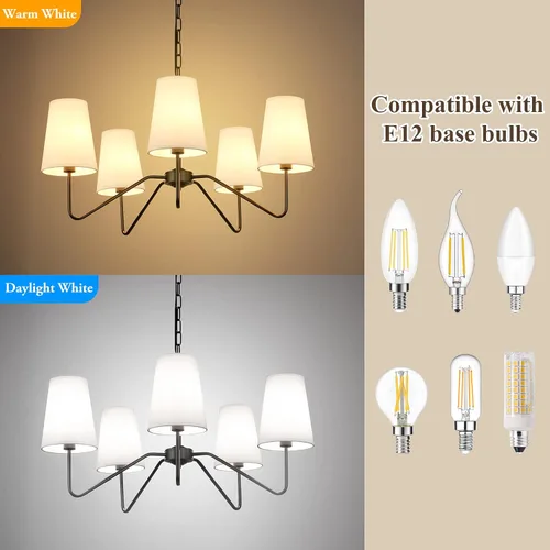 Vista 5 de Candelabro moderno de 5 luces de 30 pulgadas con pantallas blancas, lámpara colgante clásica para comedor, lámpara negra con base E12 lámpara