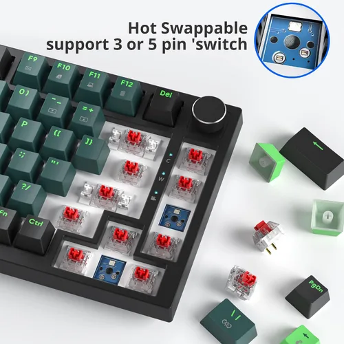 Vista 2 de Fogruaden Teclado mecánico con cable al 75% intercambiable en caliente, interruptor rojo, retroiluminación RGB, teclado mecánico TKL de 82 teclas