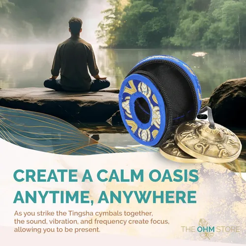 Vista 3 de Ohm Store Campanas tibetanas de mantra tingsha con estuche azul, accesorio de meditación hecho a mano para atención plena, yoga y sanación de sonido
