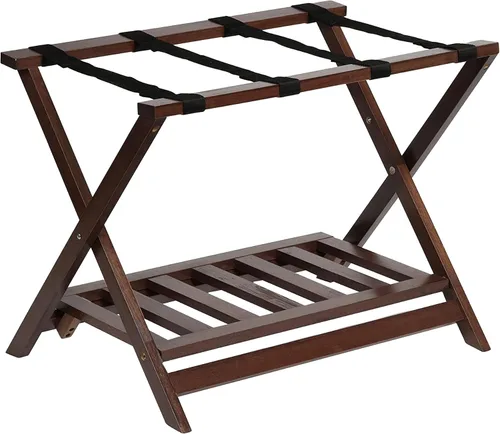 Vista 2 de PJ Wood Portaequipajes plegable de madera maciza estilo hotel portátil con estante inferior de almacenamiento de zapatos para invitados de casa