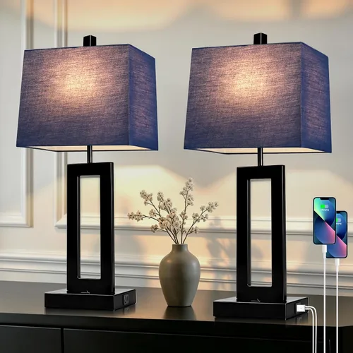 Vista 11 de Cinkeda Juego de 2 lámparas de mesa con puertos USB C+A y salida de CA, lámparas de noche, lámparas modernas para dormitorio, lámparas negras