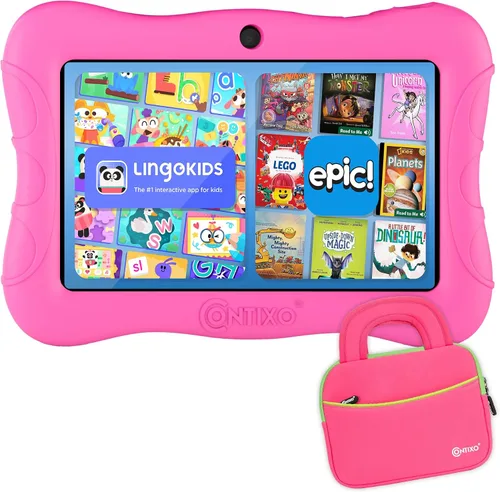 Vista 11 de Contixo 7 Kids Tablet V9 - Paquete de tableta Android y funda con más de 50 libros de cuentos y calcomanías de Disney (valor de $200), 32GB, cámaras
