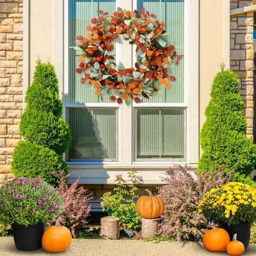 Vista 5 de Sggvecsy Corona de otoño de 21 pulgadas, corona artificial de otoño para puerta delantera con calabazas pequeñas, hojas de eucalipto de seda, orejas