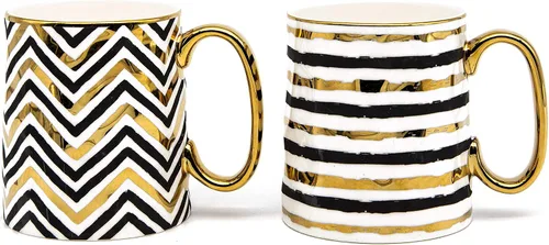 Vista 5 de KooK Tazas de café, juego de tazas de café, tazas negras y doradas, porcelana, tazas de té con asas, diseño geométrico con detalles dorados Curved