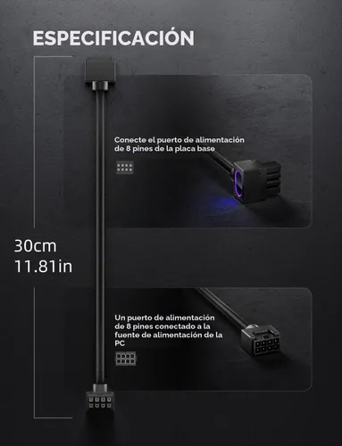 Vista 8 de AsiaHorse Hydrus-8PIN Cable de Extensión de CPU PSU con Luz ARGB, Cable de Alimentación de la Placa Base de Cobre con Diseño Minimalista Integrado