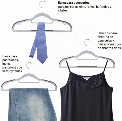 Vista 6 de OIKA Paquete de 30 perchas de plástico para ropa, color gris Construcción de plástico ABS, agarre antideslizante, ganchos giratorios de 360°, perfil