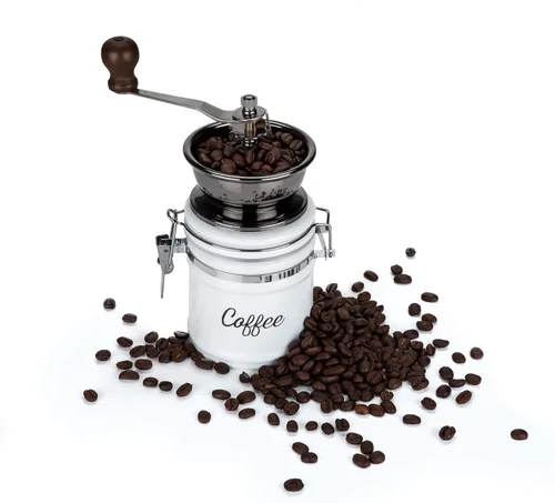 Vista 5 de Twine Molinillo de café vintage de mano, diseño manual ajustable con mango de madera y tarro de cerámica blanca, juego de 1
