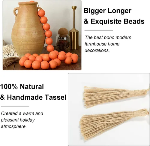 Vista 37 de OMISHE Guirnalda de cuentas de madera extra grande con cuentas de madera y borlas de 1.6 pulgadas de diámetro, cuentas decorativas rústicas de 41