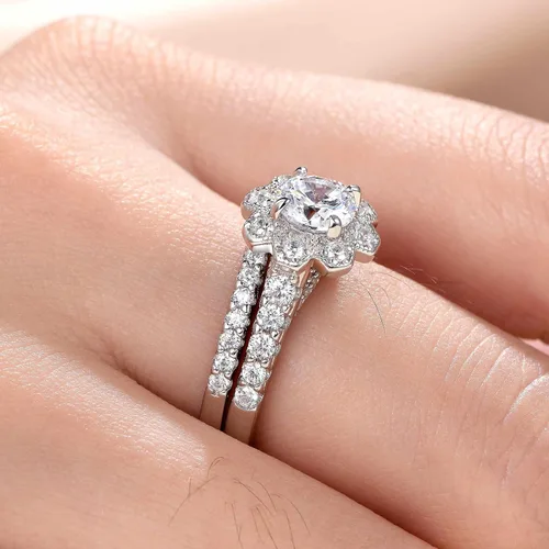 Vista 5 de Newshe Jewellery AAAAA - Anillos de boda para mujer, juego de novia de compromiso con halo de flores, plata de ley 925, anillo de circonita cúbica