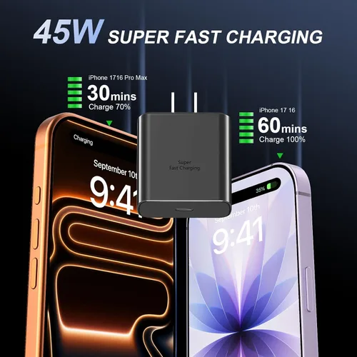 Vista 2 de Cargador para teléfono 17 16 Pro Max de carga rápida, 45 W USB C Phone 17 16 Bloque de carga súper rápido con cable de carga tipo C de 6.6 pies