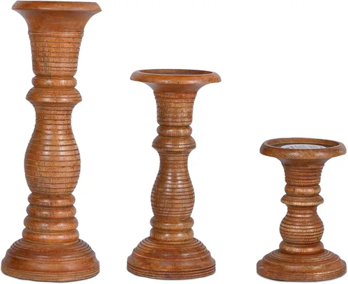 Vista 11 de Mela Artisans Pakshi - Juego de 3 portavelas de madera de mango de 6, 9 y 12 pulgadas, color blanco envejecido, portavelas de madera para mesa