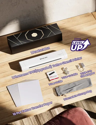 Vista 9 de Phomemo Impresora de plantillas de tatuaje actualizada, TP81 impresora de tatuaje Bluetooth con 10 piezas de papel de transferencia, compatible