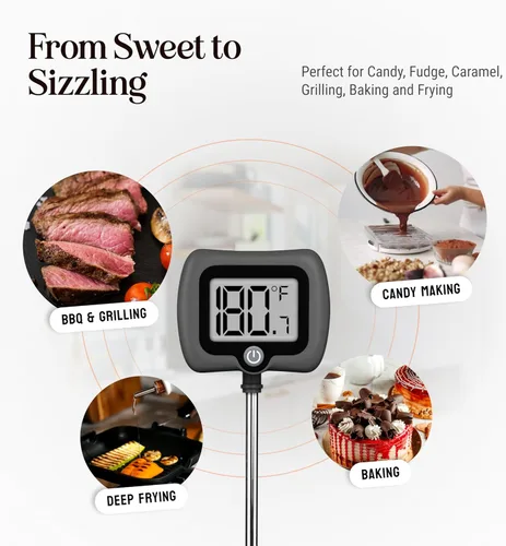 Vista 5 de Termómetro digital de dulces con clip para olla, sonda de acero inoxidable de 10 pulgadas de largo, termómetro de cocina de lectura instantánea