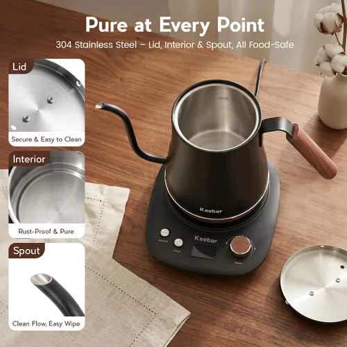 Vista 6 de Gooseneck Electric Kettle, 1.0 L, 1000W, 6 Temp Presets, LED Display Black
