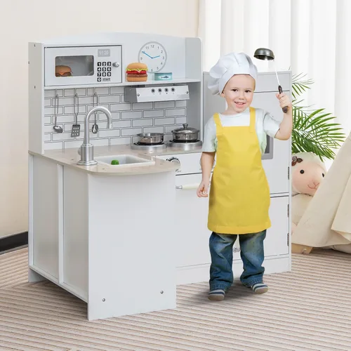 Vista 9 de Costzon Juego de cocina esquinera para niños, juego de cocina de madera 8 en 1 con microondas realista, horno, estufa, refrigerador, campana