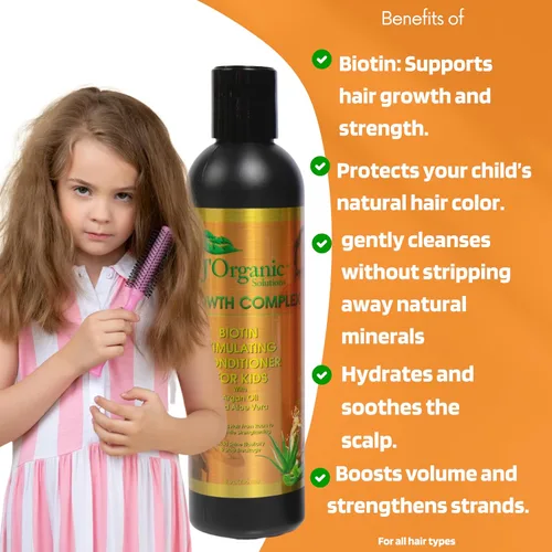 Vista 2 de J'Organic Solutions Acondicionador de cabello estimulante de biotina para niños, promueve un cabello más grueso, más completo, nutritivo y mejora