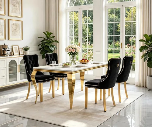 Vista 15 de Juego de 5 mesas de comedor de mármol sintético para 4 mesas de cocina de lujo de 68 pulgadas de oro blanco con 4 sillas tapizadas de terciopelo