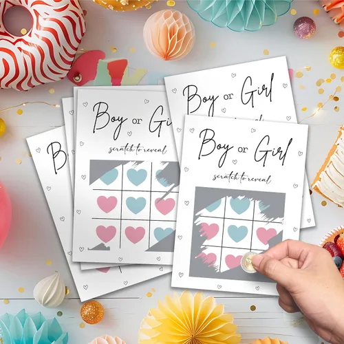 Vista 4 de Tarjetas para rascar de revelación de género, juego de mesa de revelación de género para niños, boletos de lotería rascador, tarjetas de anuncio
