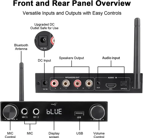Vista 3 de Amplificador de audio Bluetooth 5.3 Amplificador estéreo de alta fidelidad de 2 canales con óptico/Bluetooth/USB/HDMI/AUX, canales de micrófono