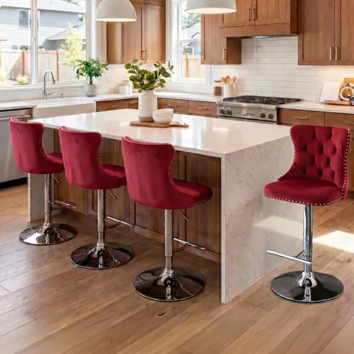 Vista 68 de SoarFlash Juego de 2 taburetes de bar tapizados de terciopelo moderno con patas de madera, botones acolchados, cabeza de clavo cromada, asiento