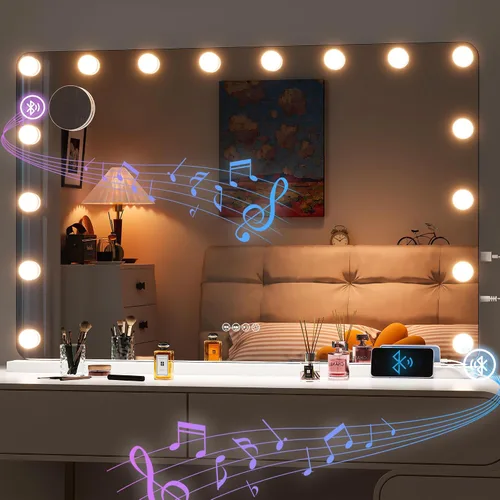 Vista 10 de Hasipu Espejo de maquillaje LED con altavoz Bluetooth, espejo de maquillaje de 31 x 22 pulgadas con luces y aumento, espejo Hollywood con 3 modos
