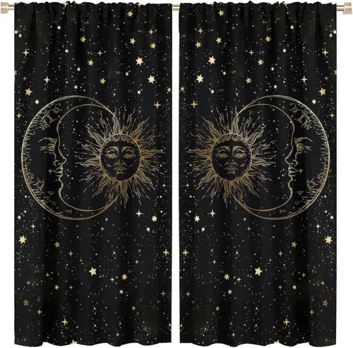 Vista 15 de Cortinas opacas con diseño de sol y luna, cuerpos celestes bohemios, con diseño de sol, luna y estrellas, para sala de estar, dormitorio, 42 x 45