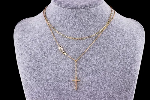 Vista 6 de WDSHOW Gargantilla de clip en capas, con colgante de cruz de ángel y de alas de ángel, regalos para mujeres y niñas, Chapado en oro, No es una