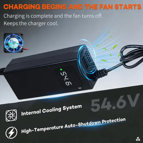 Vista 9 de Cargador de batería de litio de 54.6 V 2 A para batería de iones de litio de 48 V 13s, adaptador de corriente con pantalla HD para voltaje de carga