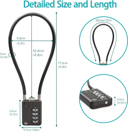Vista 2 de Candados de cable de 11.8 in de largo, cerradura de combinación de 4 dígitos, cerradura de cable de seguridad reajustable, combinación de seguridad