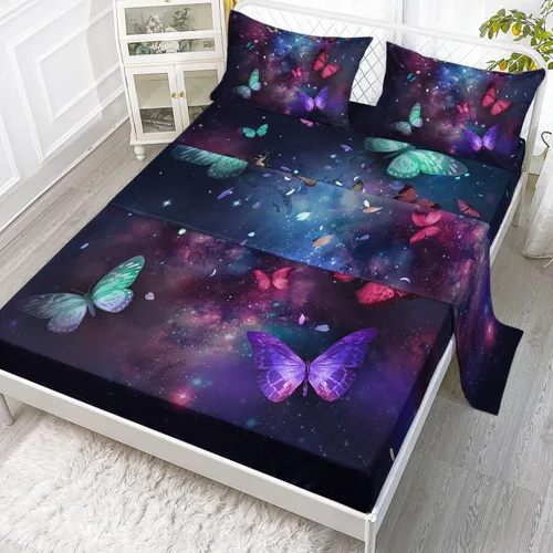 Vista 12 de Juego de sábanas de 4 piezas ajustadas y planas para niñas, estampado de mariposas y flores rosas con 1 + 2 fundas de almohada para cama individual