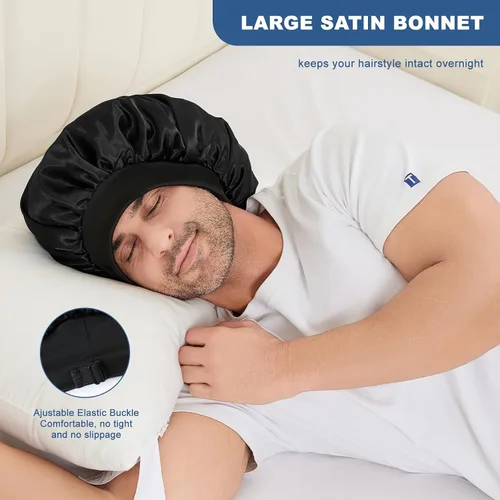 Vista 2 de Gorro para hombre, gorro de doble capa para dormir, gorro de dormir ajustable con banda elástica, gorros de satén de seda para trenzas de cabello