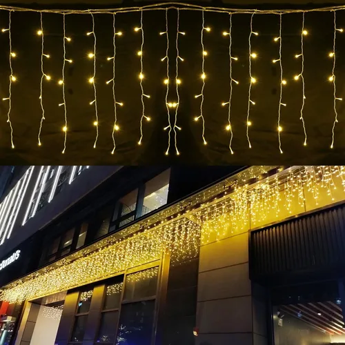 Vista 2 de ZIMINGU Luces de goteo de carámbanos, 13 pies, 144 LED, 8 modos de Navidad conectables para ventana, cortina de ventana de cascada de hadas, tira