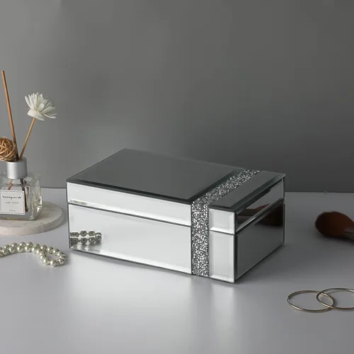 Vista 8 de Hipiwe Joyero de cristal con diamantes de imitación organizador de baratijas con espejo plateado caja decorativa de almacenamiento para mujeres