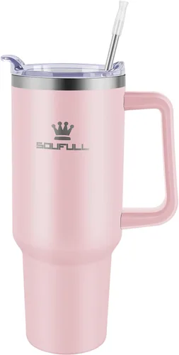 Vista 2 de Vaso de 40 onzas con asa y tapa con popote, taza de café de viaje 100% a prueba de fugas, taza aislada de acero inoxidable para bebidas calientes