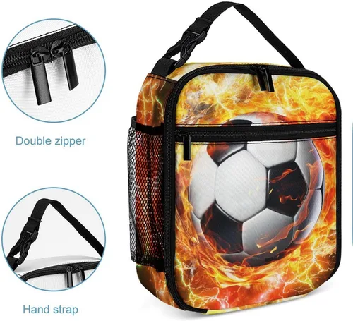 Vista 6 de Fiambrera de fútbol – Bolsa de almuerzo de fútbol reutilizable para mujeres, hombres y niños – Pequeña lonchera portátil plegable aislada