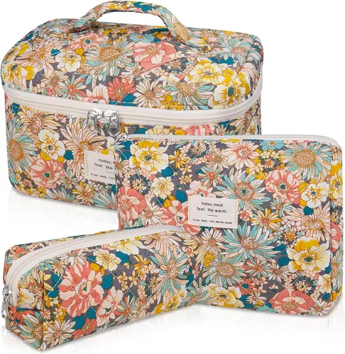 Vista 15 de Juego de bolsas de maquillaje, bolsa de maquillaje acolchada, bolsa grande para cosméticos florales para mujer, bonitas bolsas de maquillaje
