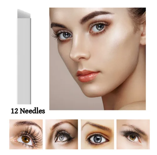 Vista 3 de Xiaoyu 50 agujas Microblading, maquillaje permanente manual tatuaje hoja bisel para cejas tatuaje plumas blanco, 12 pines
