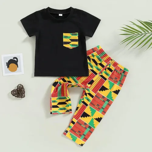 Vista 2 de Mubineo Conjunto de 2 piezas con estampado africano de Kente Dashiki para bebés, niñas y niños pequeños