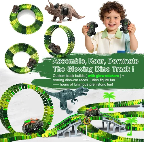 Vista 2 de Juguetes de dinosaurio para niños de 3 a 5 años, juego de pista de tren flexible que brilla en la oscuridad, 2 autos de dinosaurio para niños