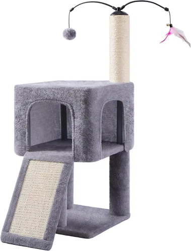 Vista 8 de ROYPET Árbol para gatos con condominio para gatos y dos hamacas, torre para gatos con postes rascadores y almohadillas para rascar, color beige