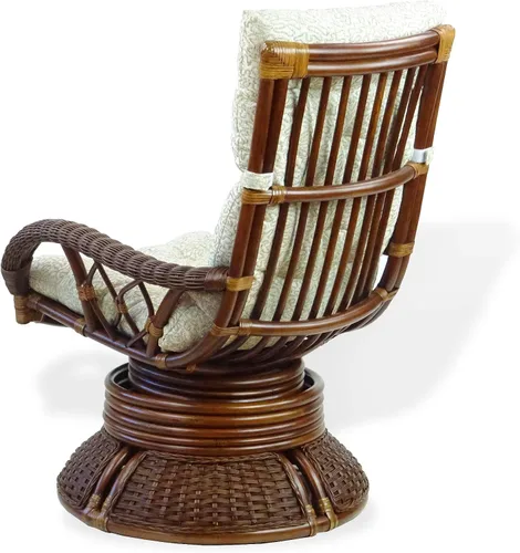 Vista 6 de Sillón mecedor giratorio Alexa color nogal oscuro, mimbre de ratán natural, diseño hecho a mano con cojín