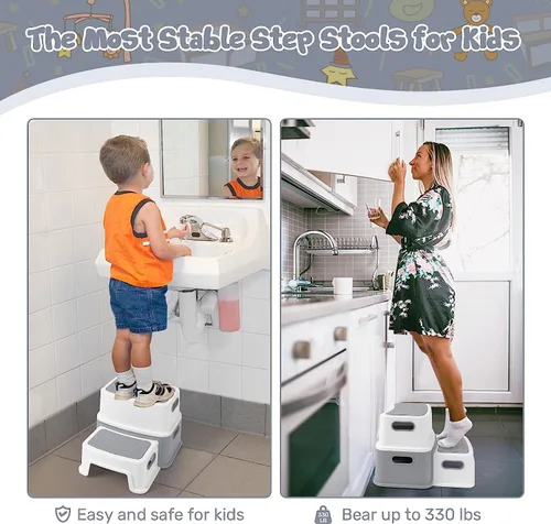Vista 4 de GAOMON Taburetes de 2 escalones para niños, taburete antideslizante para lavabo de baño, taburete de dos pasos para niños pequeños, taburete