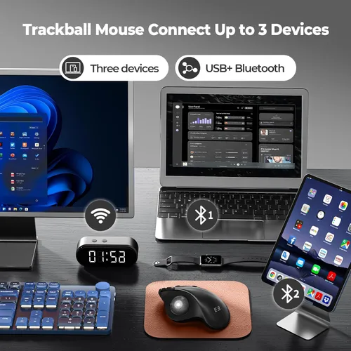 Vista 3 de seenda Ratón inalámbrico ergonómico de Trackball - Ratón Bluetooth Rollerball recargable, conexión de 3 dispositivos (Bluetooth/USB), mouse