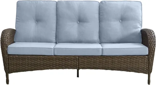 Vista 21 de Sofá de lujo para patio, sofá de mimbre para exteriores con cojines sonrientes de 6 pulgadas, respaldo alto, resistente, cómodo, mimbre marrón
