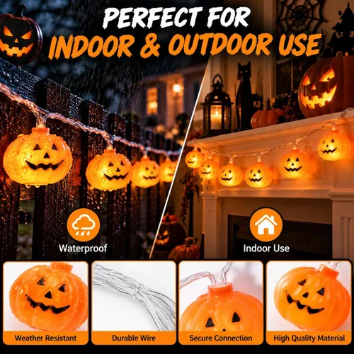 Vista 5 de Guirnalda de luces de calabaza de Halloween, 20 pies, 40 LED, control remoto, 8 modos
