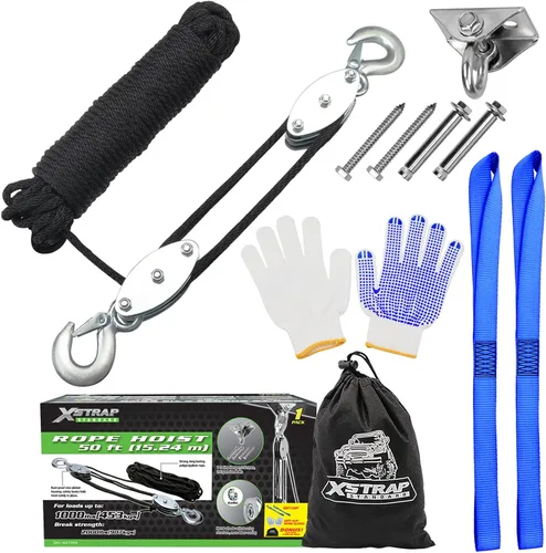 Vista 13 de XSTRAP STANDARD - Polipasto de cuerda de 50 pies, resistente bloque de rueda de rotura de 2000 libras Tackle Pulley System for Lifting Heavy