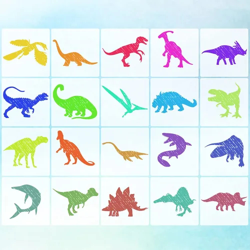 Vista 7 de 20 plantillas de dinosaurios para acera, plantillas coloridas translúcidas de dinosaurios para niños, plantilla de pintura en aerosol de animales