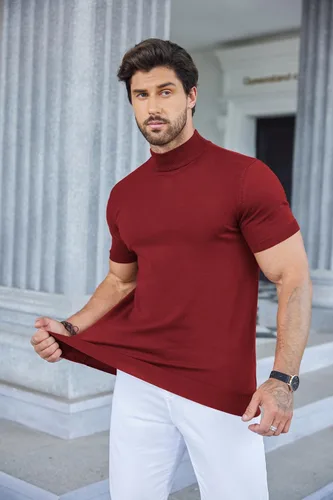 Vista 7 de COOFANDY Suéter de cuello alto falso para hombre, de manga corta, color sólido, básico, ajustado, de punto