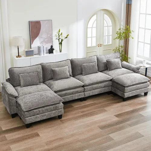Vista 33 de URRED - Sofá seccional modular tipo nube, cómodo sofá cama de chenilla moderna con asientos profundos y otomán/almohadas para sala de estar